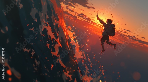 Serene Ocean Silhouette: A Diver Beneath a Colorful, Fiery Sunrise Over Dynamic Waves