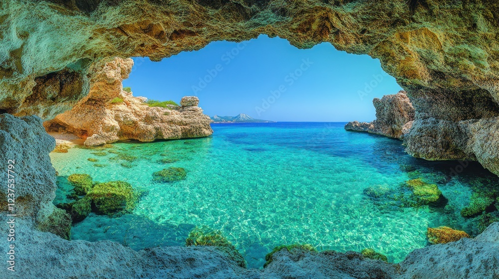 Fototapeta premium Secluded cove viewed from cave, turquoise water, sunny day, island background, travel brochure