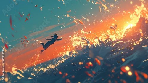 Serene Ocean Silhouette: A Diver Beneath a Colorful, Fiery Sunrise Over Dynamic Waves