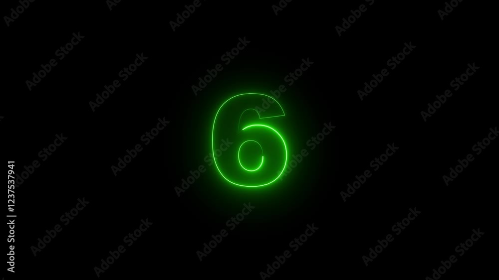 Animation of number 6 and text Six with neon outline isolated on black background.