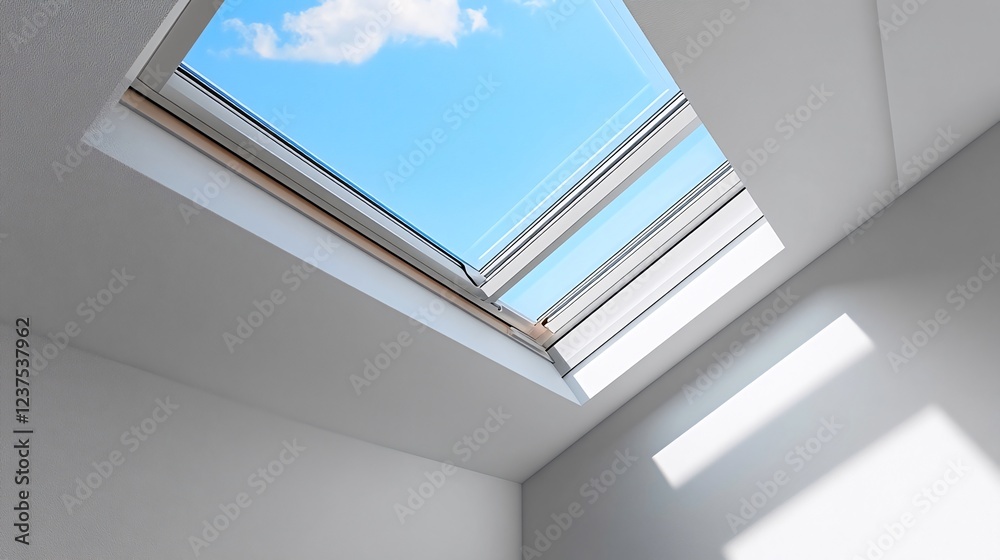 Fototapeta premium Skylight view, attic room, sunlight, interior design, home improvement. Generative ai