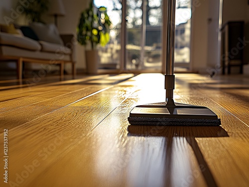 Wallpaper Mural Sunlight streams through patio doors illuminating hardwood floor being mopped in modern home. Generative ai Torontodigital.ca