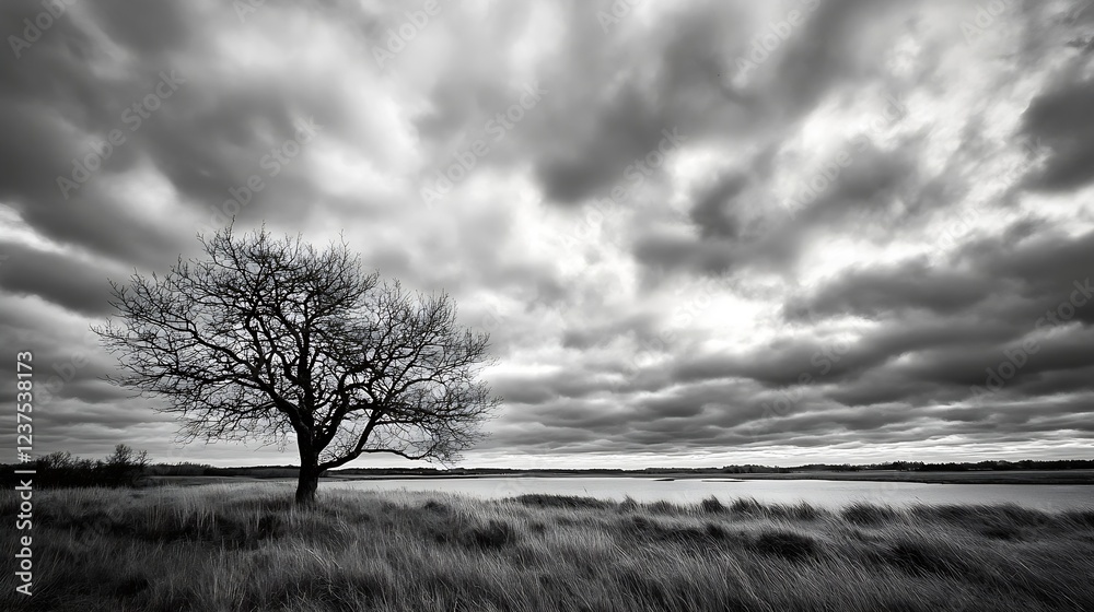 Fototapeta premium Dramatic Black and White Landscape Featuring Solitary Tree Under Overcast Skies : Generative AI
