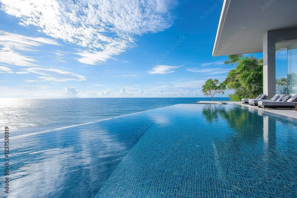 Fototapeta premium A stunning infinity pool seamlessly merges with the ocean under a clear blue sky, offering a luxurious and tranquil escape.