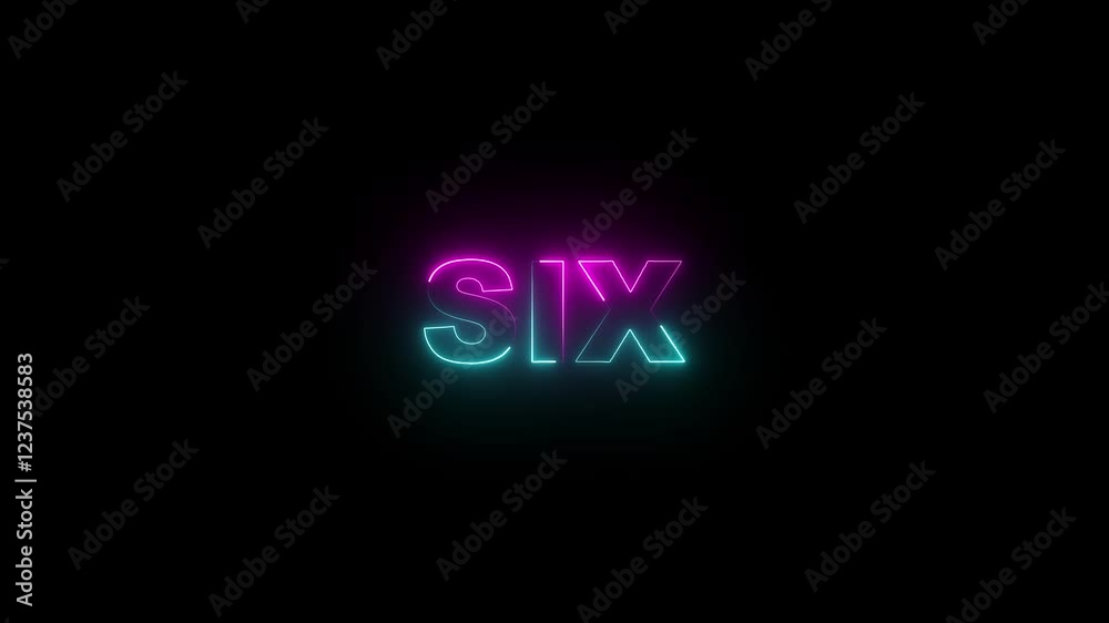 Animation of number 6 and text Six with neon outline isolated on black background.
