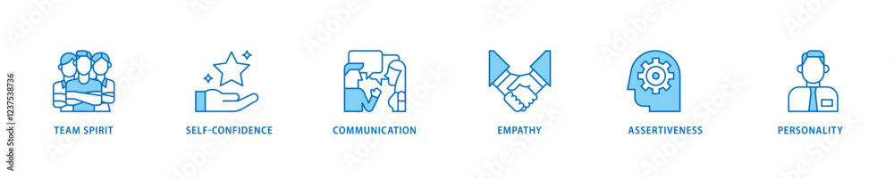 Soft-skills icon set flow process which consists of team spirit, self-confidence, communication, empathy, assertiveness, and personality icon live stroke and easy to edit . Soft-skills icon set flow process which consists of team spirit, self-confidence, communication, empathy, assertiveness, and personality icon live stroke and easy to edit .