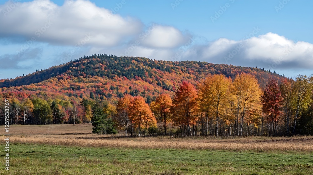 Fototapeta premium Scenic Autumn Landscape with Vibrant Foliage and Rolling Hills Under Cloudy Blue Sky : Generative AI