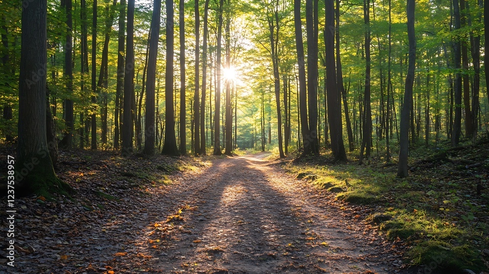 Obraz premium Scenic Sunrise Pathway in the Vibrant Green Forest with Sunlight Streaming Through Trees : Generative AI