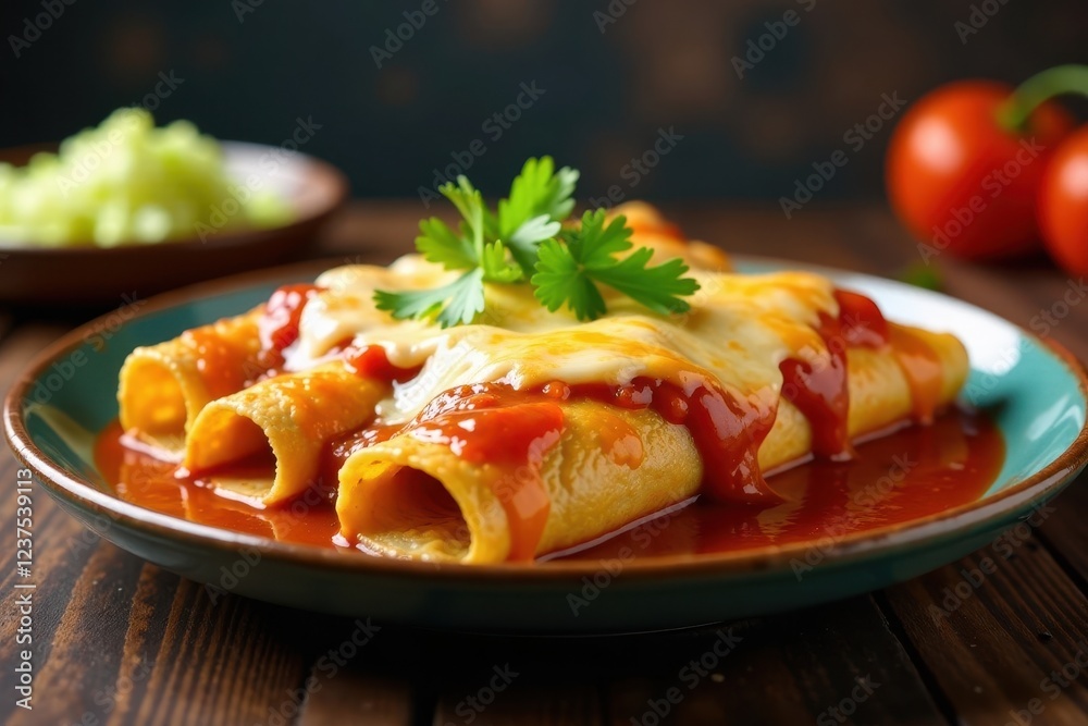 Heaping plate of steaming enchiladas smothered in rich red sauce and melted cheese , enchilada, platter