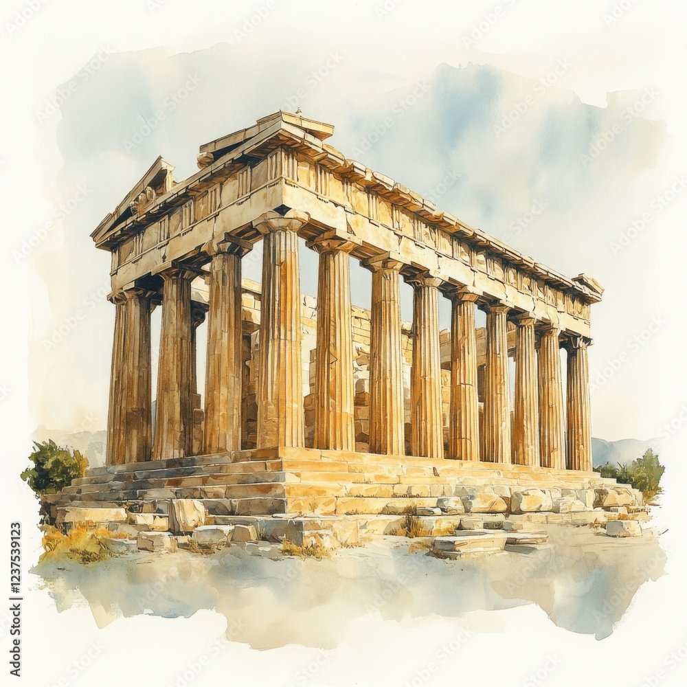 Fototapeta premium Ancient Greek Temple with Iconic Columns Rendered in Watercolor Style, Showcasing the Architectural Beauty and Cultural Heritage of Classical Antiquity