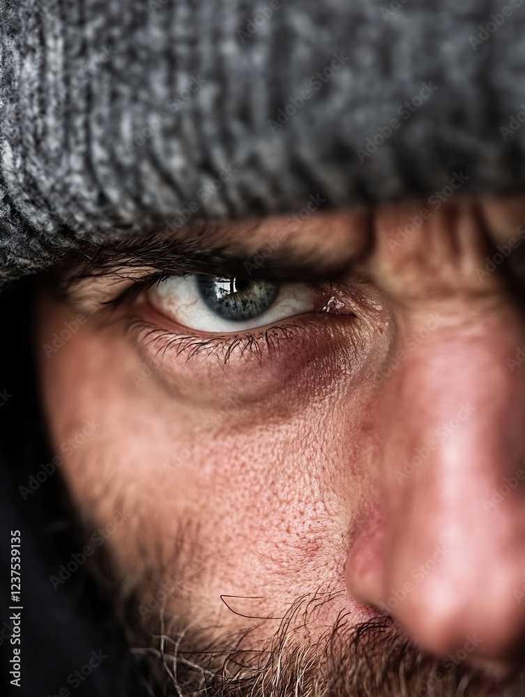 Obraz premium CloseUp Intense Male Eye Gazing Under Beanie Full of Emotion and Stories : Generative AI