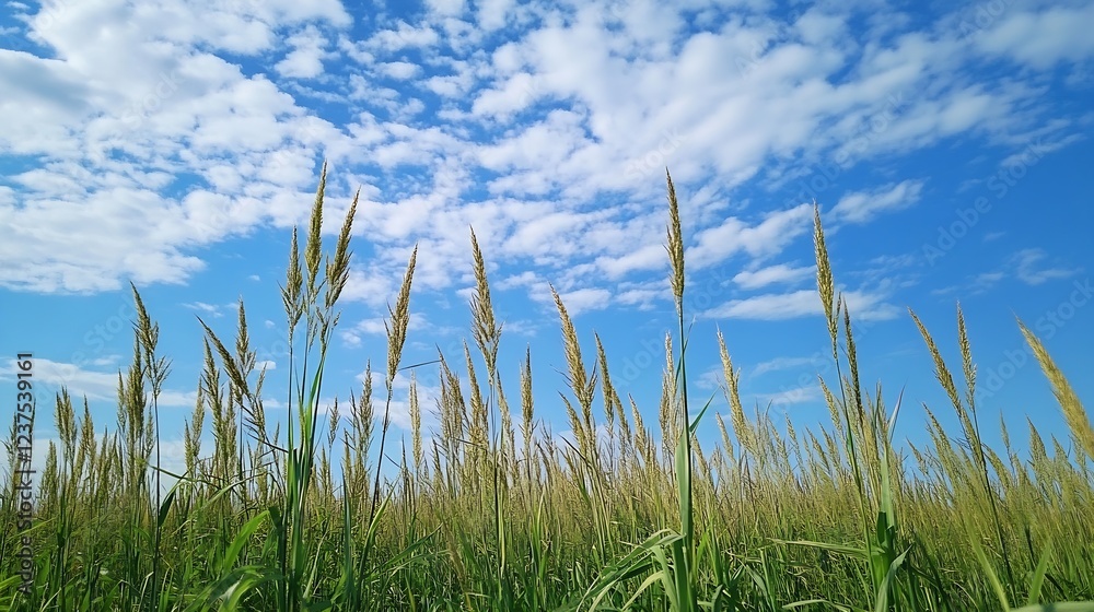 Obraz premium Vibrant Wheat Field Under Blue Sky with Fluffy Clouds Perfect Nature Background : Generative AI