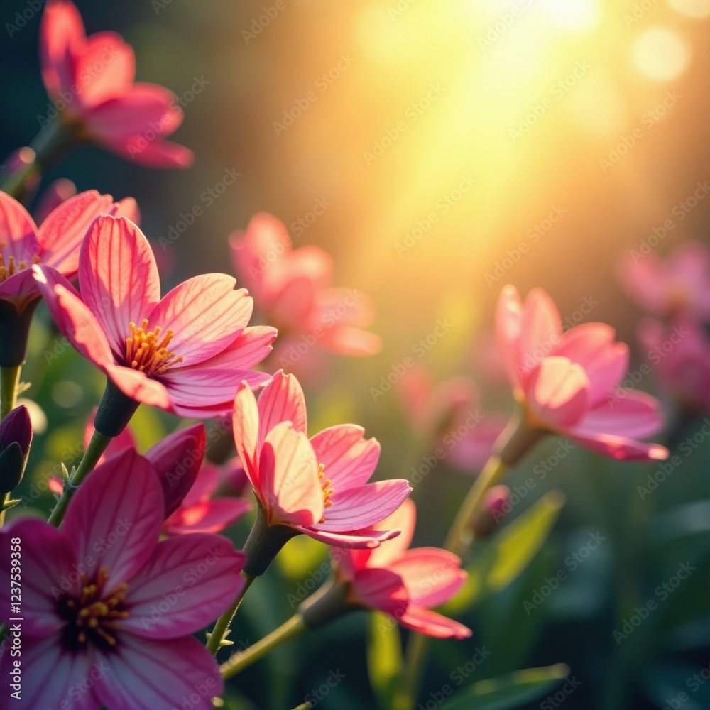 Fototapeta premium Impressionistic colors blend with warm sunlight on blooming flowers, meadow scene, artistic style