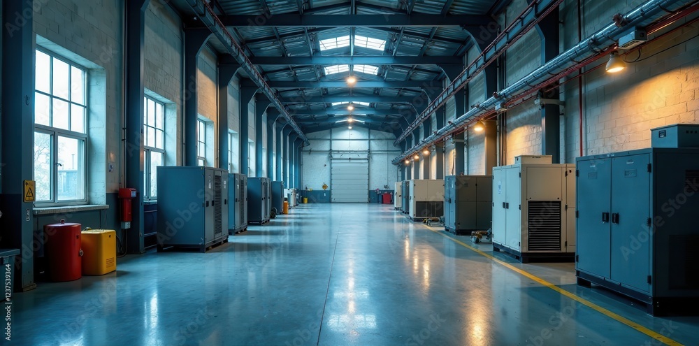 Fototapeta premium Industrial building with commercial air conditioning system, aircon systems on roof, industrial rooftops