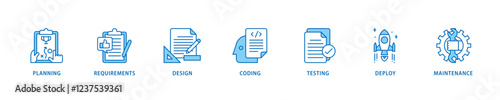 Software development icon set flow process which consists of planning, requirements, design, coding, testing, deploy and maintenance icon live stroke and easy to edit .