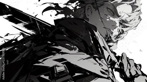 Vigilant Character in Dramatic Black and White Illustration with Intense Expression