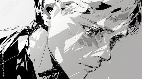 Stylized Black and White Digital Illustration of a Focused Character in Armor