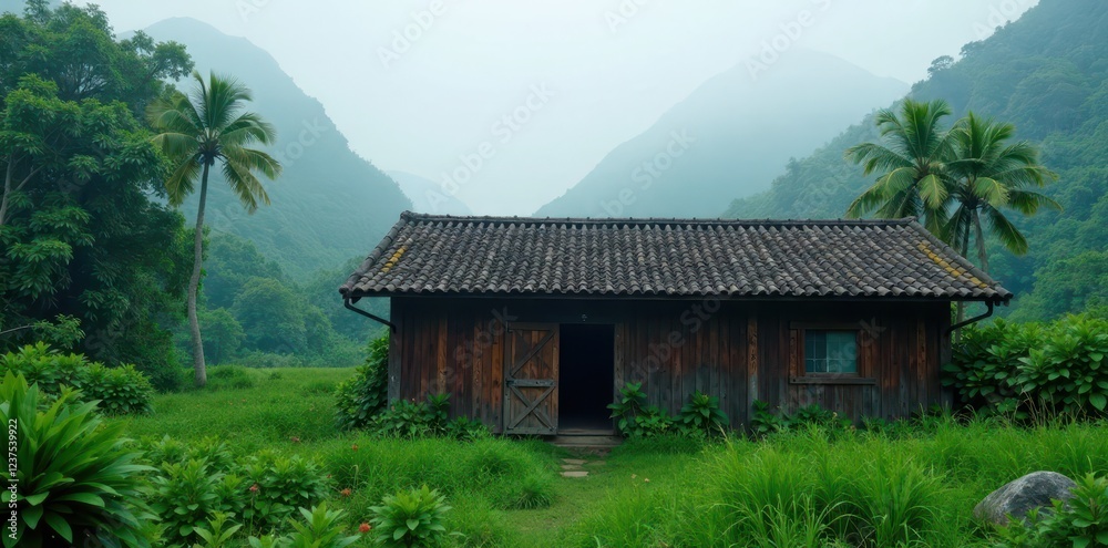 Obraz premium Low-slung wooden building with tile roof and sliding doors, surrounded by lush greenery, fog shrouds the surroundings , traditional dojo, forest ambiance
