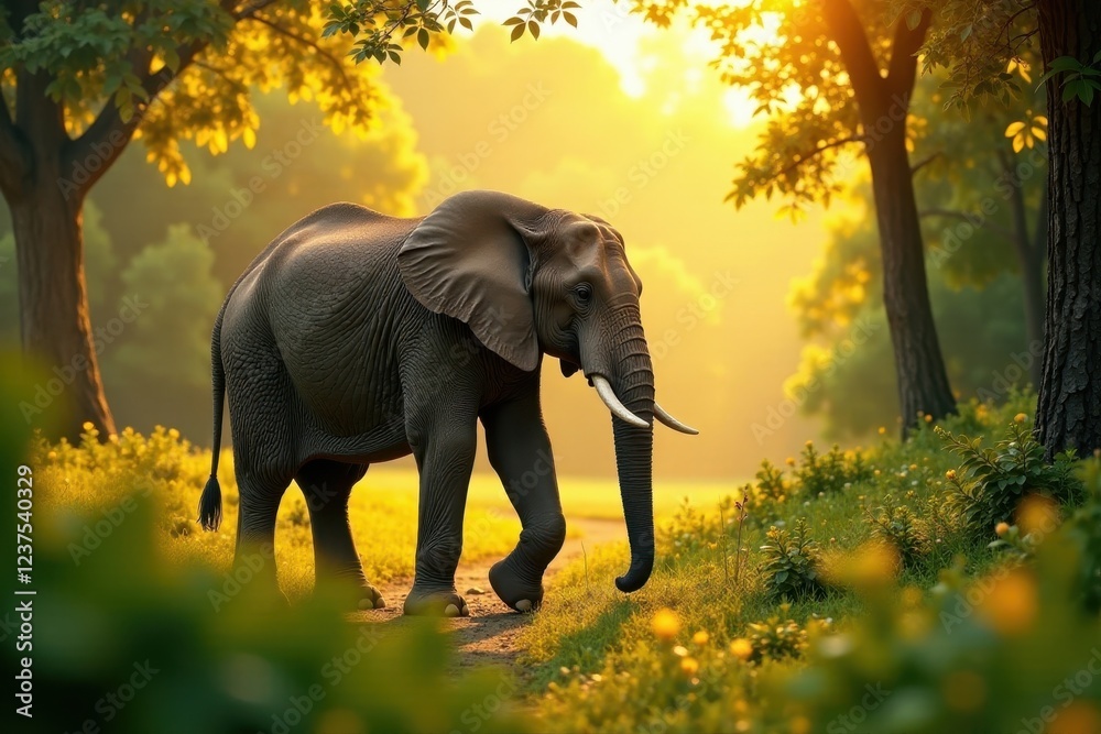 Fototapeta premium Majestic elephant in golden light amidst lush greenery, wildlife, nature
