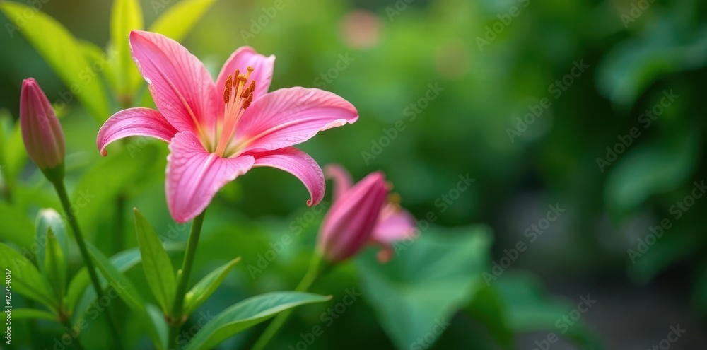 majestic pink lily blooms standing tall amidst lush green foliage , botanical, elegance majestic pink lily blooms standing tall amidst lush green foliage , botanical, elegance