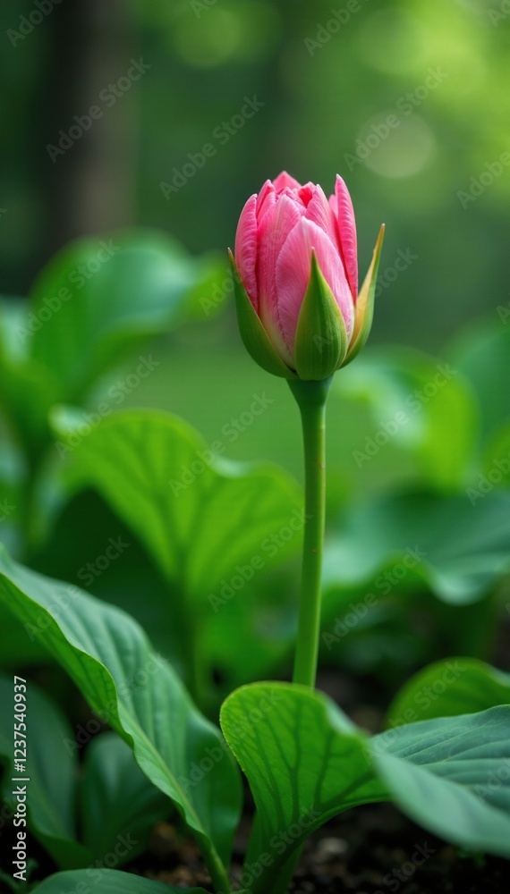 Green leafy base with single delicate pink curcuma, botanical, foliage Green leafy base with single delicate pink curcuma, botanical, foliage