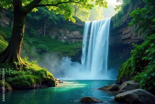 Misty waterfall surrounded by verdant trees and vines, waterfall, serene