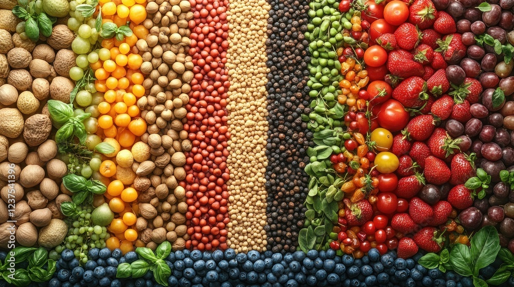 Vibrant Rainbow of Colorful Fruits, Nuts, and Seeds Vibrant Rainbow of Colorful Fruits, Nuts, and Seeds