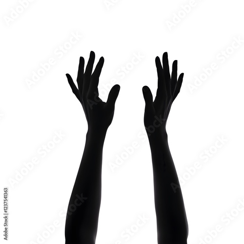 Silhouette of two hands reaching upwards against a white background.