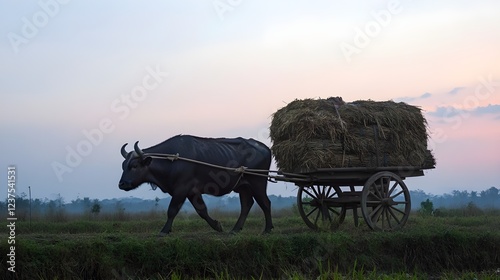 A buffalo is pulling a wooden cart loaded with hay in a rural field during sunset.