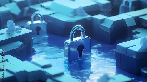 Abstract image of padlocks submerged in blue liquid, representing data security or vulnerability.