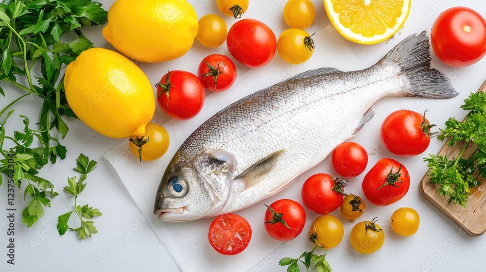 Fresh fish with lemon, tomatoes, and herbs. Food photography for recipe websites Fresh fish with lemon, tomatoes, and herbs. Food photography for recipe websites