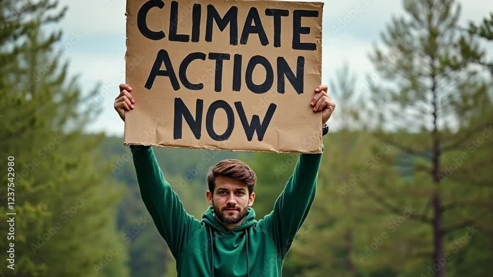 A young man in a green hoodie and jeans holds a 'Climate Action Now' sign before a lush forest, surrounded by green trees and clear skies, conveying a serious commitment to environmental change.