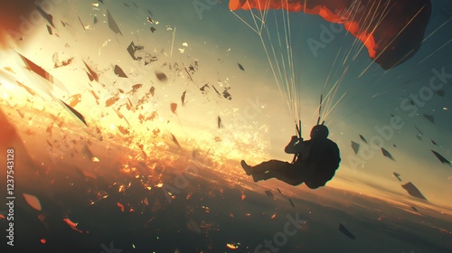 Parachutist Descending at Sunset Amidst Dramatic Clouds and Vibrant Sky