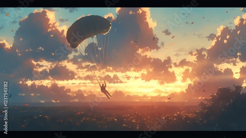 Parachutist Descending at Sunset Amidst Dramatic Clouds and Vibrant Sky