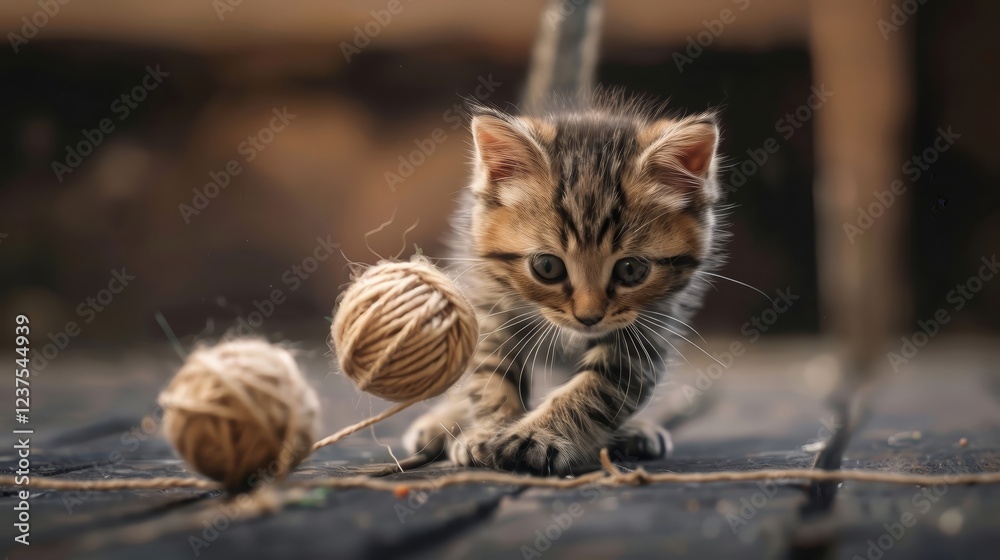 Cute Kitten Playing with Yarn Ball