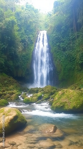 A tranquil waterfall cascades over rocks, surrounded by lush greenery, creating a serene natural oasis.