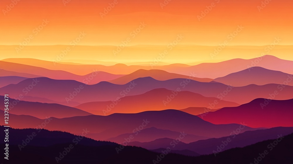 Fototapeta premium Sunset over layered mountains, scenic vista peaceful landscape nature photography. ideal for travel brochures. Generative ai