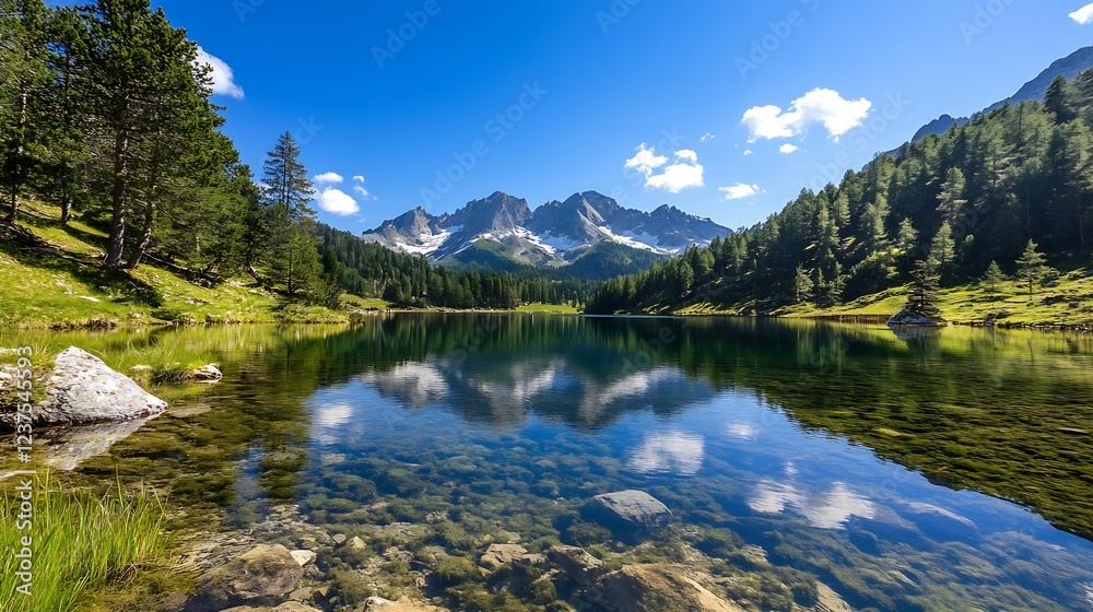 Fototapeta premium Scenic Alpine Lake with Reflections of Rocky Mountains and Pine Forest on Sunny Day : Generative AI