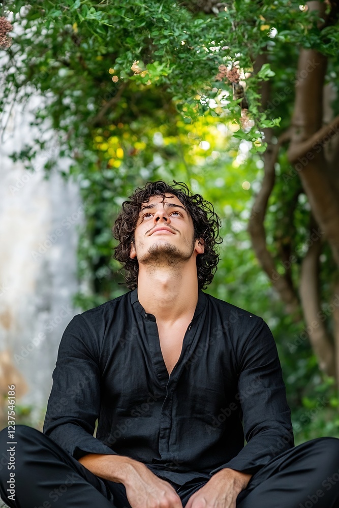 Young Man Relaxing in Nature Sitting Under Green Trees in Black Shirt Enjoying Serenity and Calm Outdoors : Generative AI Young Man Relaxing in Nature Sitting Under Green Trees in Black Shirt Enjoying Serenity and Calm Outdoors : Generative AI