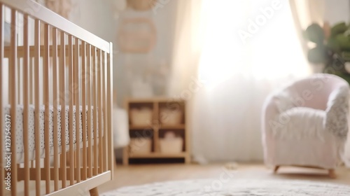 Bright and Cozy Nursery with Wooden Crib and Comfy Armchair by Sunny Window : Generative AI