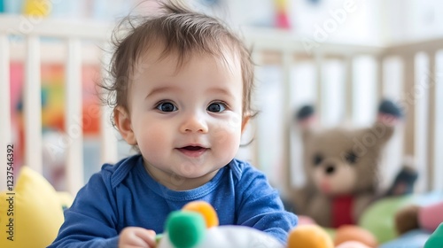 Adorable Smiling Baby in Blue Onesie Playing with Toys in Bright Nursery : Generative AI