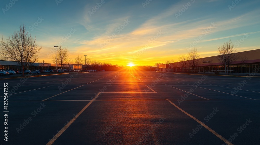 Fototapeta premium Sunrise over empty parking lot, retail buildings background