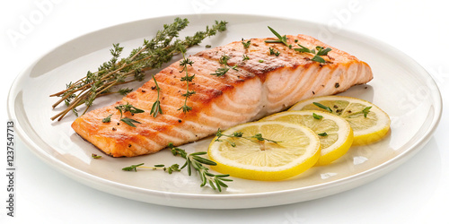 Isolated Grilled Salmon Fillet with Lemon and Thyme for Culinary Use