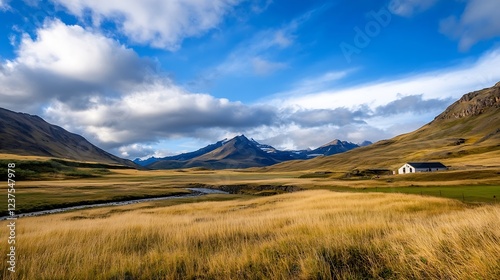 Majestic Mountainous Landscape with Golden Plains and Dramatic Sky : Generative AI photo