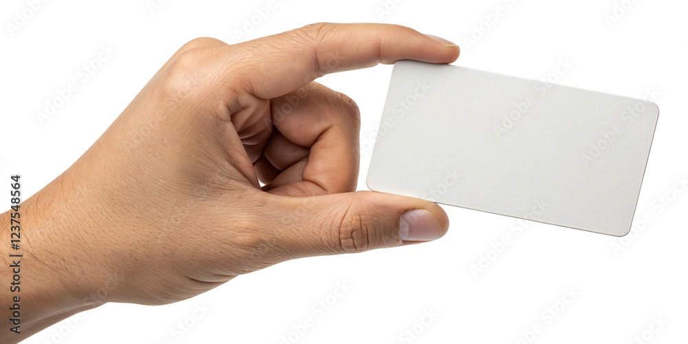 Obraz premium A Hand Holding a Blank Business Card Isolated on a White Background, Indicating Networking Potential