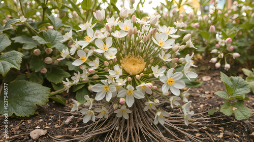 a bunch of flowers that are in the dirt near some plants and dirt ground with leaves and flowers in the background, Boetius Adamsz Bolswert, incoherents, flowers, a macro photograph photo