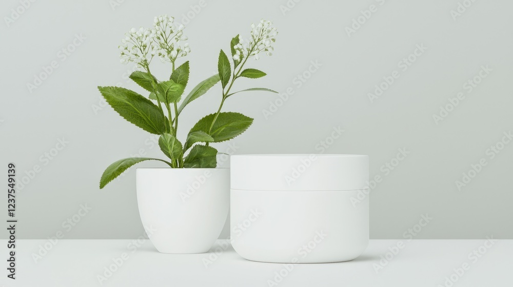 White cream jar & flower pot on table White cream jar & flower pot on table
