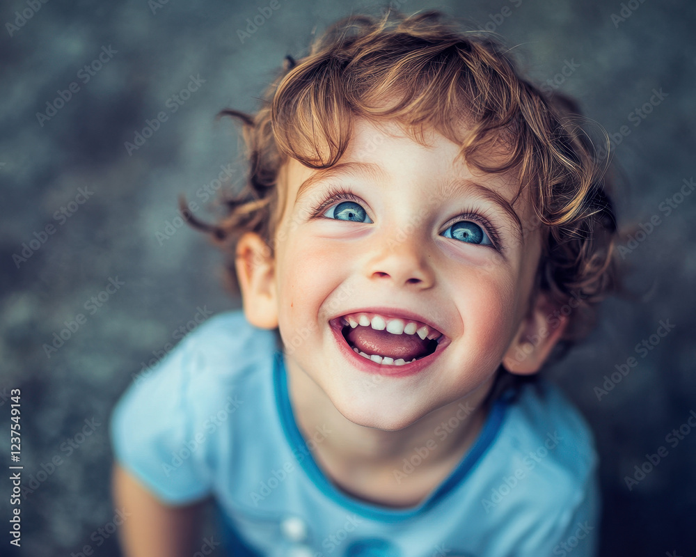 Captivating Portrait of a Joyful Child with Bright Blue Eyes and Curly Hair, Smiling Upward in Natural Light, Perfect for Lifestyle and Family Themes. Captivating Portrait of a Joyful Child with Bright Blue Eyes and Curly Hair, Smiling Upward in Natural Light, Perfect for Lifestyle and Family Themes.