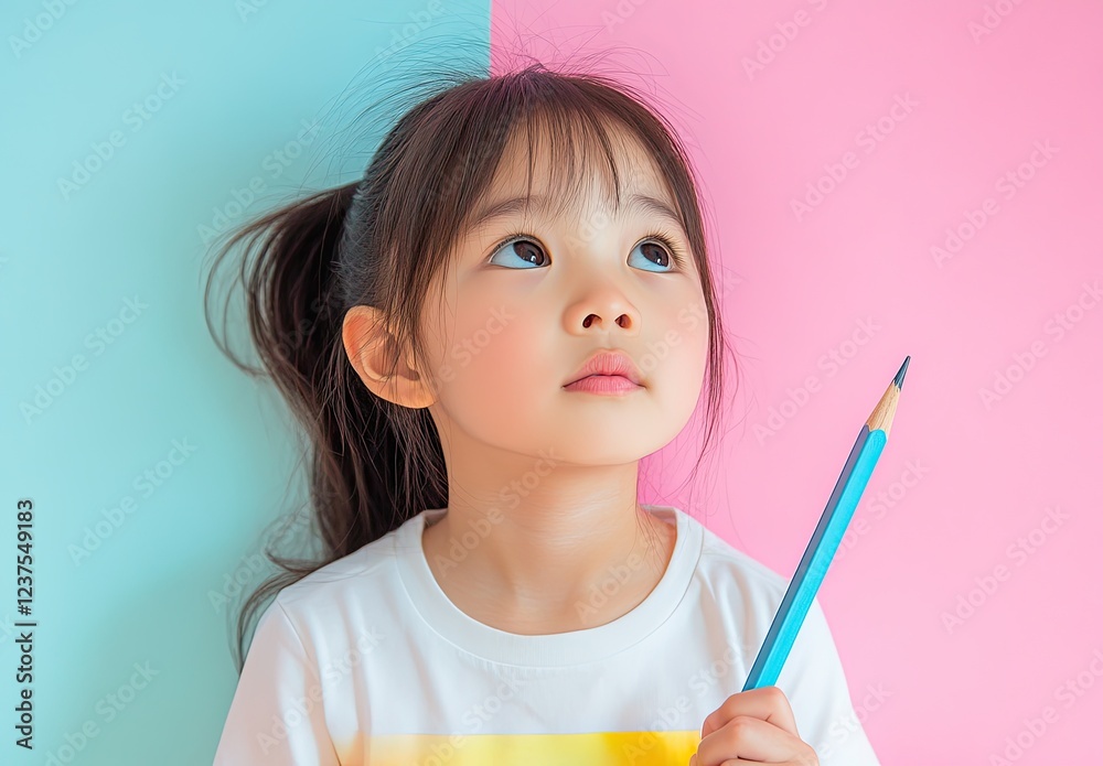 A cute Asian girl holds a pencil and paper, looking up as if deep in thought A cute Asian girl holds a pencil and paper, looking up as if deep in thought