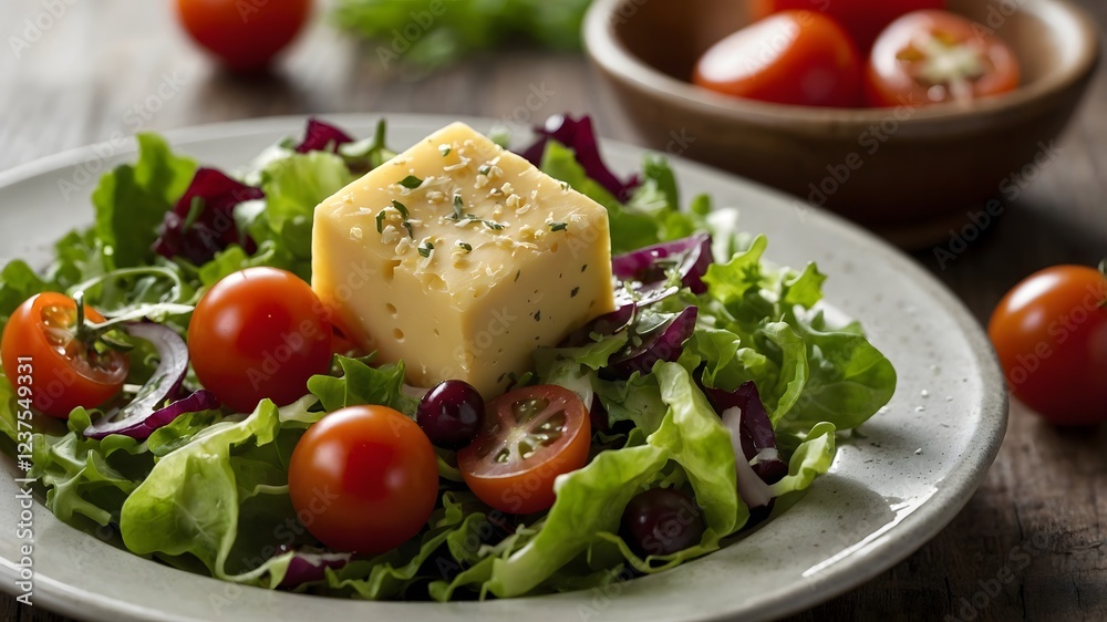 Fresh Salad with Gouda Cheese Cubes and Cherry Tomatoes Fresh Salad with Gouda Cheese Cubes and Cherry Tomatoes